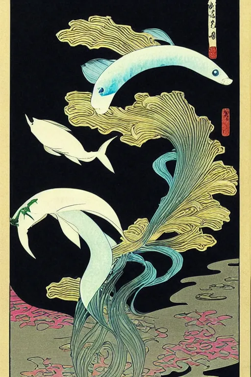 Prompt: ikebana of aquatic botanical plants and a graceful iridescent white betta fish with long swirling fins, black-water-background, traditional Japanese painting, hiroshige, artstation, alphonse-mucha