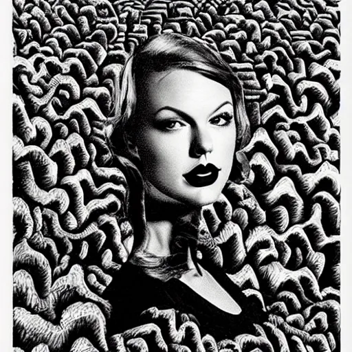 Image similar to portrait of taylor swift, mashup between mc escher and vincent van gogh