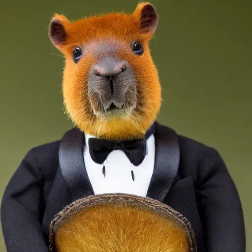 Image similar to an anthro capybara wearing a tuxedo suit, photorealistic, 4K, award-winning