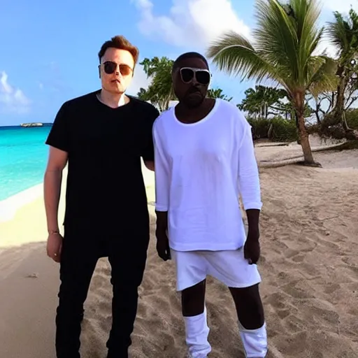Prompt: elon musk and kanye west chilling in aruba