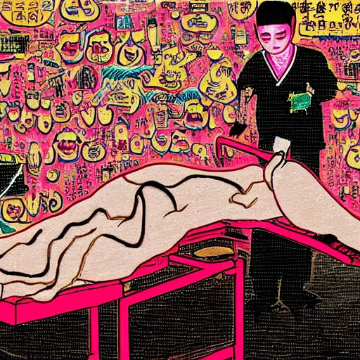 Image similar to chinese surgeons cutting up a body on an operating table, in the style of daniel johnston and outsider art, 8k, line brush, overlaid with traditional chinese adverts