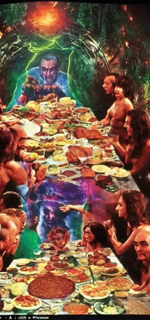 Prompt: a 3 5 mm color picture of sean connery as zardoz accessing third eye second level during his 9 6 6 th birthday party along with female friends. everything is of the second level including plates of green bread and hams on the isle of kun lao. volumetric lighting with picoso hotdogs. atmospheric. national geographic.