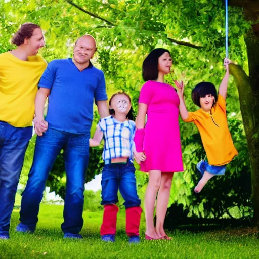 Image similar to family of circle shapes pushing kid on a tree swing, modern cartoon style, bold colors, indigo, mustardy yellow, pea green