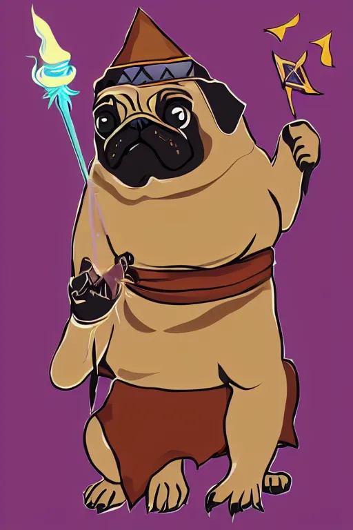 Image similar to Portrait of a pug that is a wizard casting a spell , wizard, medieval, sticker, colorful, casting epic spell, magic the gathering artwork, D&D, fantasy, artstation, heroic pose, illustration, highly detailed, simple, smooth and clean vector curves, no jagged lines, vector art, smooth