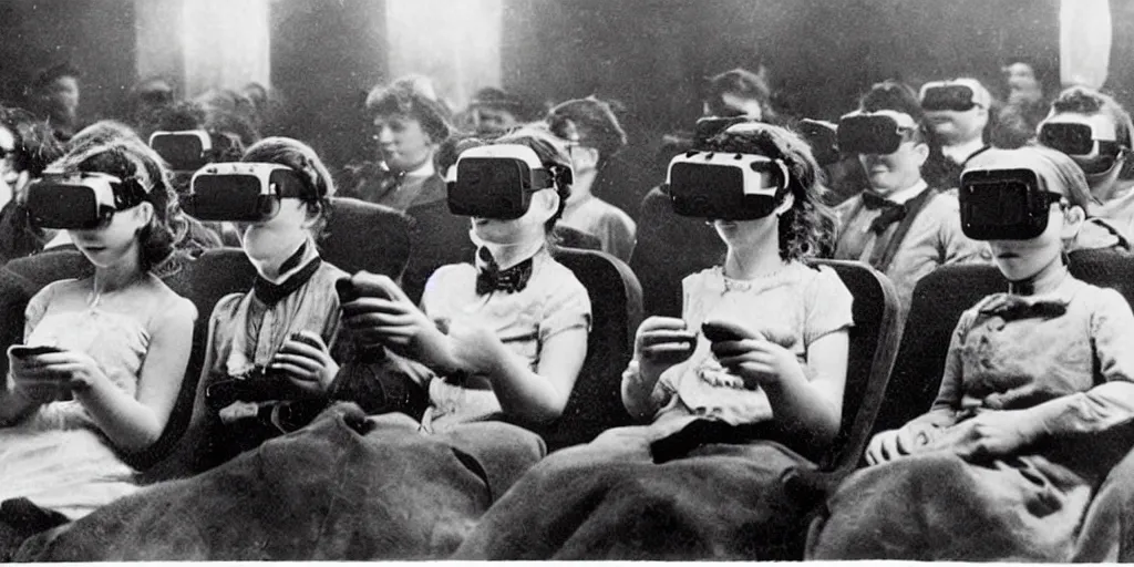 Image similar to 1 9 0 0 s photo of people using iphones ipods virtual reality headsets vr watching hd tv in a movie theater