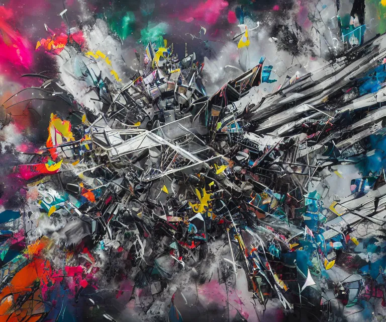 Image similar to acrylic and spraypaint of a giant mechwarriors battling mid - air, explosions, metal shards, graffiti wildstyle, large brush strokes, painting, paint drips, acrylic, clear shapes, spraypaint, smeared flowers, origami crane drawings, large triangular shapes, painting by ashley wood, totem 2, jeremy mann, masterpiece