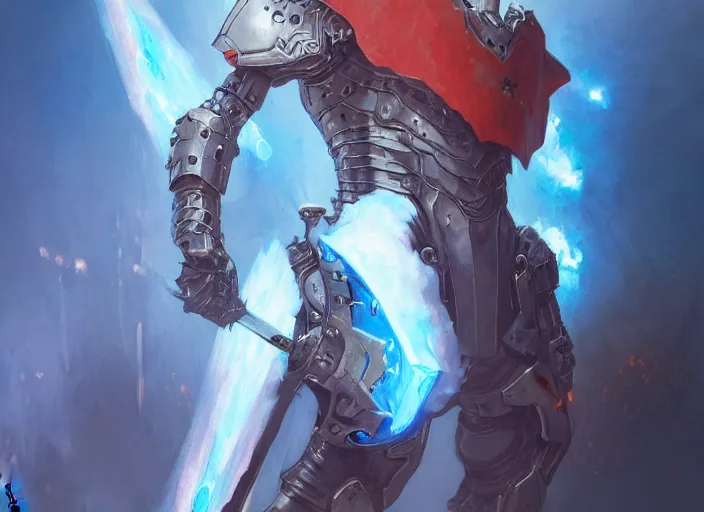 Image similar to character design digital 2 d man viking cape evangelion cyborg blue armor sword of fire by gaston bussiere, anna nikonova aka newmilky, greg rutkowski, yoji shinkawa, yoshitaka amano, tsutomu nihei, muira, moebius, donato giancola, trending on artstation, featured on pixiv