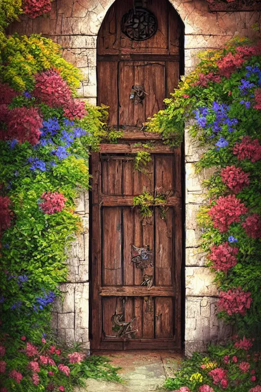 Prompt: professional digital art detailed old wood and rusted castle door entrance flowers with path outside cgsociety behance by Evgeny Lushpin