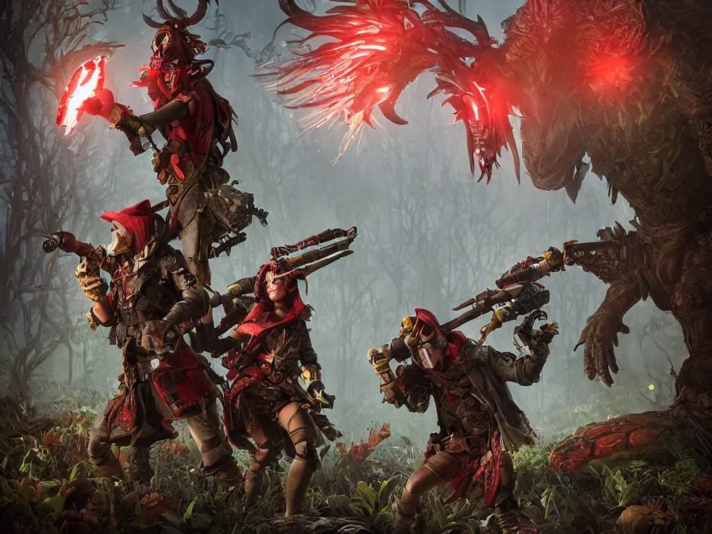 Image similar to red ridding hood and a troop of gamekeepers hunting on mystical monsters in forest. all wearing a steampunk and neonpunk mechanical fluorescent mystical animal masks. realistic fornite style. full body. product introduction photos. luminescent, elements, by stanley artgerm lau. epic cinematic shot, perfectly defined features, ambient occlusion