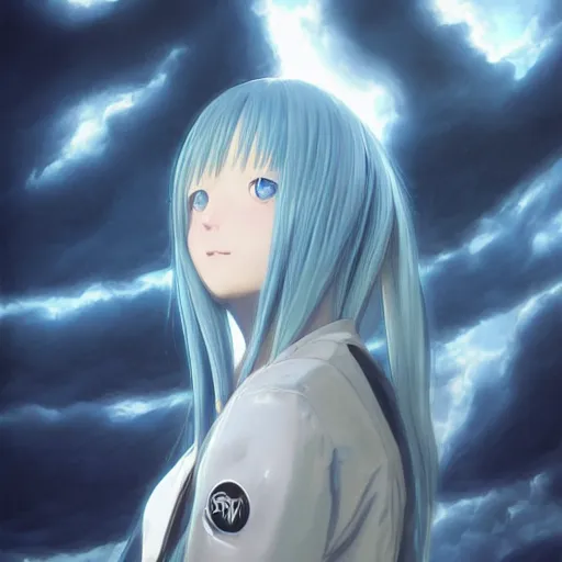 Image similar to profile shot of rimuru tempest, sky blue, straight hair, long bangs, | amber colored eyes | wearing a black jacket with white stripes, high collar, highly detailed, unreal engine 5, digital painting, cinematic, wlop | artgerm, pixiv, yoshitaka amano, greg rutkowski, ilya kuvshinov, andy warhol