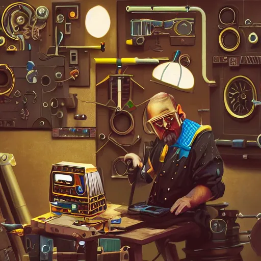 Prompt: a aesthetic portrait of a tinkerer working on ancient machines to do magic
