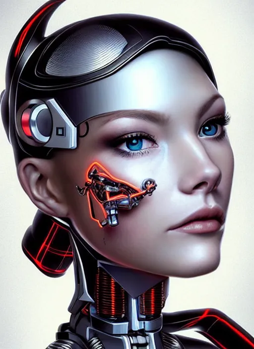 Image similar to portrait of a cyborg woman who turns her head to the (((((right+20))))) left+350 (((((up))))) (((((down))))) by Artgerm,eyes closed , biomechanical, hyper detailled, trending on artstation