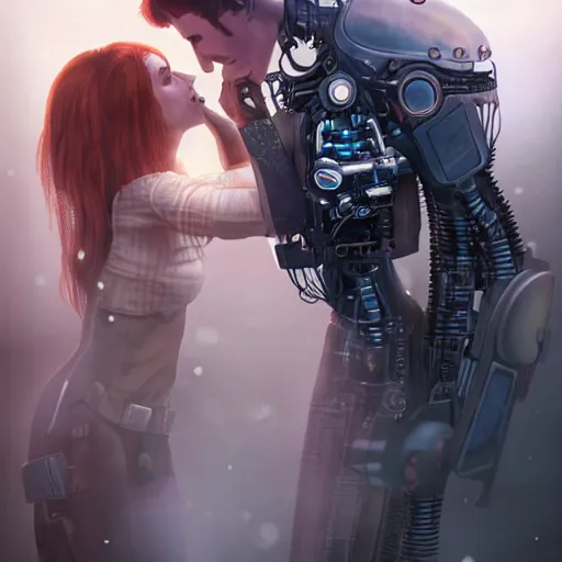 Prompt: Ultra realistic illustration,a women kissing a robot, steampunk, sci-fi, fantasy