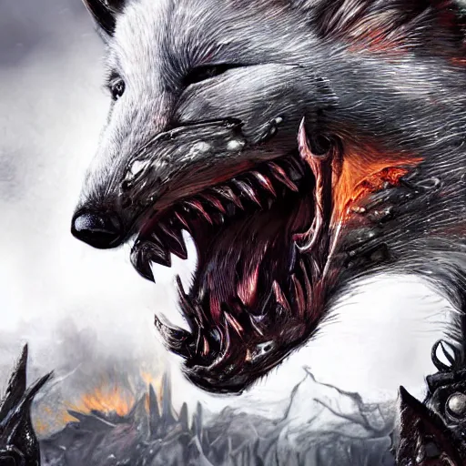 Image similar to angry demonic white polar fox with sharp teeth wearing medieval ornamented rusty armor, ice and fire, postapocalyptic world, hyperrealistic, dramatic sky, highly detailed