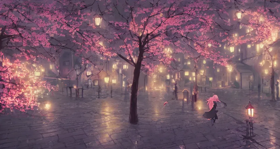 Image similar to Anime picture of Prague old town with blooming sakura and candles on the ground, volumetric lighting, glowing lights, 4k, octane, digital painting, artstation, concept art, sharp focus, illustration, art by Makoto Shinkai and Ilya Kuvshinov