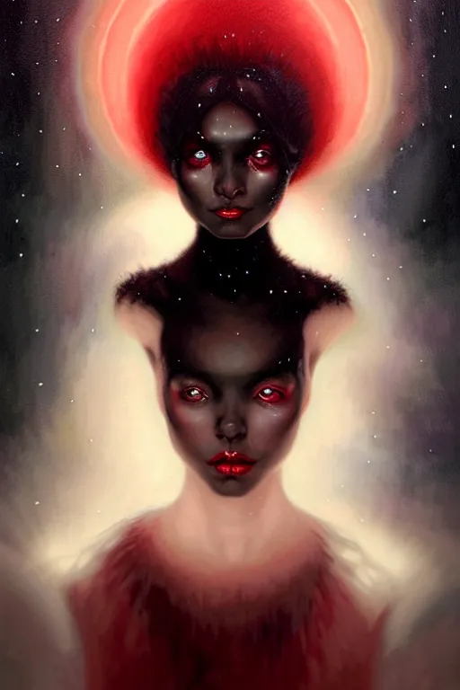 Image similar to Nocturne, glowing, stars, a portrait of black furry shadow monster hybrid woman, highly detailed, mysterious, ethereal, dressed in red velvet, haute couture, illustration, dramatic lighting, soft details, painting, by Edmund Blair Leighton, Brom, Charlie Bowater, trending on artstation, faces by Tom Bagshaw, otto schmidt