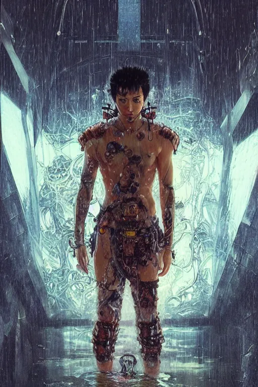 Prompt: portrait of a young cyberpunk samurai man wearing a futuristic armor, drenched body, wet dripping hair, emerging from the water, fantasy, regal, fractal crystal, fractal gems, by stanley artgerm lau, greg rutkowski, thomas kindkade, alphonse mucha, loish, norman rockwell.