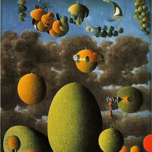 Prompt: 🐶🍐🌜🧨, intricate details, oil on canvas, highly detailed, surreal, by max ernst, rene magritte