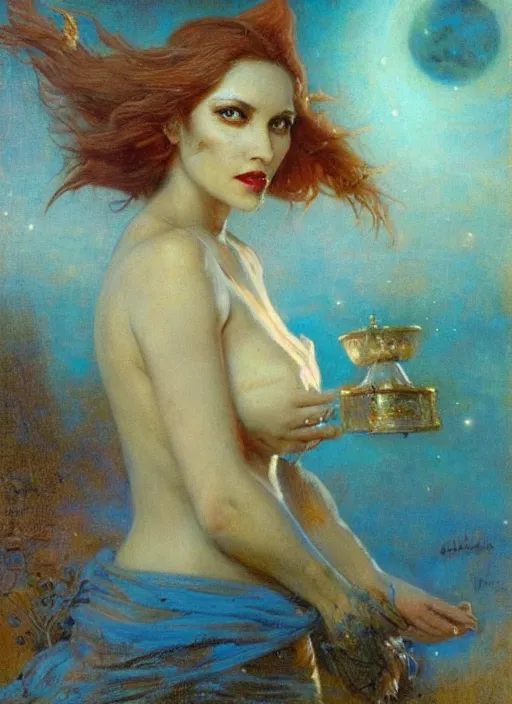 Image similar to surrealism, abstract, witch, portrait, close - up, make up, full big moon, painting by gaston bussiere, soft light