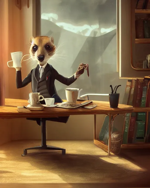 Image similar to artstation scifi scene of a weasel in suits drinking tea ， in an shabby office, wooden, furnitures ， many brocade flags summer unreal engine 5, hyper realism, realistic shading, cinematic composition, blender render, octane render, hdr, detailed textures, photorealistic, wide shot