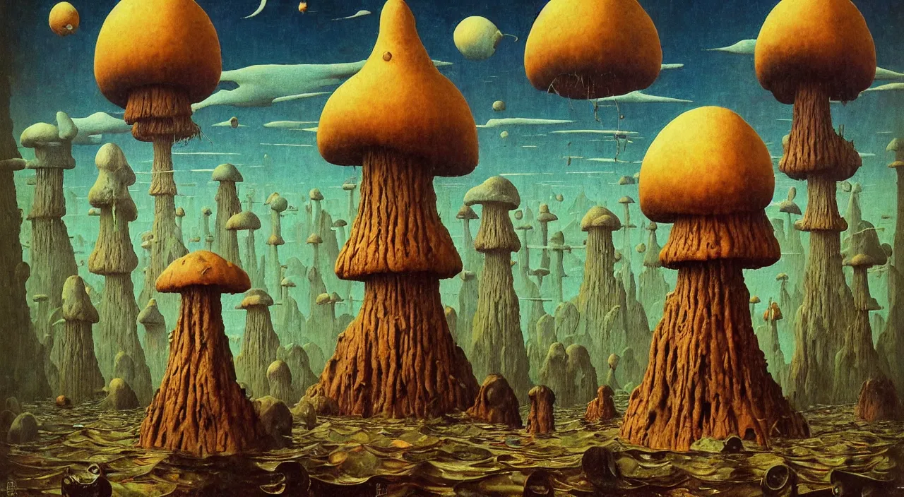 Image similar to single flooded simple!! ( lovecraftian ) toadstool tower anatomy, very coherent and colorful high contrast masterpiece by norman rockwell franz sedlacek hieronymus bosch dean ellis simon stalenhag rene magritte gediminas pranckevicius, dark shadows, sunny day, hard lighting