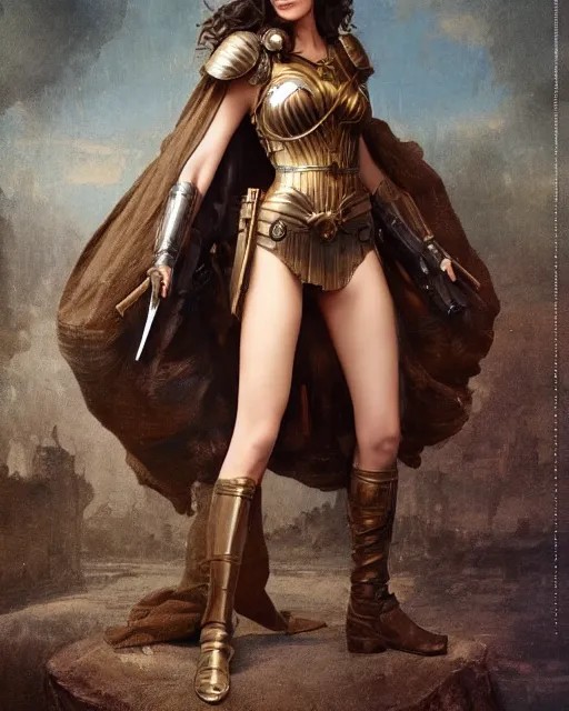 Image similar to highly detailed steampunk gal gadot standing : leonardo da vinci, greg rutkowski, magali villeneuve