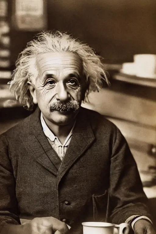 Prompt: intricate color photo of albert einstein, working in starbucks serving a customer, 8 k octane beautifully detailed render