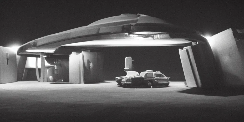 Prompt: low angle shot of a space port at night, set design by Ed Wood, in the style of Jim Jarmusch, shot on film, grainy, hyperrealistic