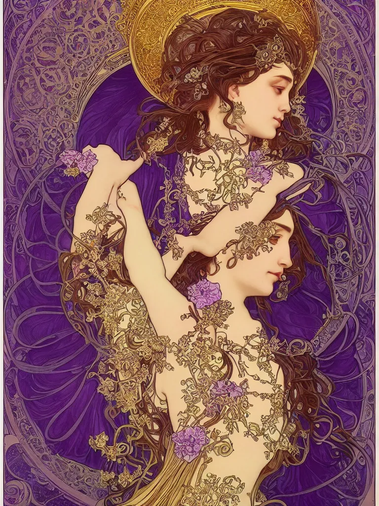 Image similar to thanatos, god of peaceful death, closed eyes, long hair, wearing ornate silk and lace clothes, gold jewelry, moon, purple feathers, by Alphonse Mucha, by artgerm, rule of thirds, super detailed, 8k