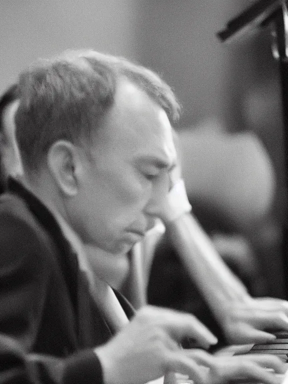 Image similar to 4K HD, high detail photograph, shot with Sigma f/ 4.2 , 250 mm sharp lens, shallow depth of field : (subject= Serghei Rachmaninoff playing piano + subject detail= accurate body features, consistent, high detailed light refraction , high level texture render)