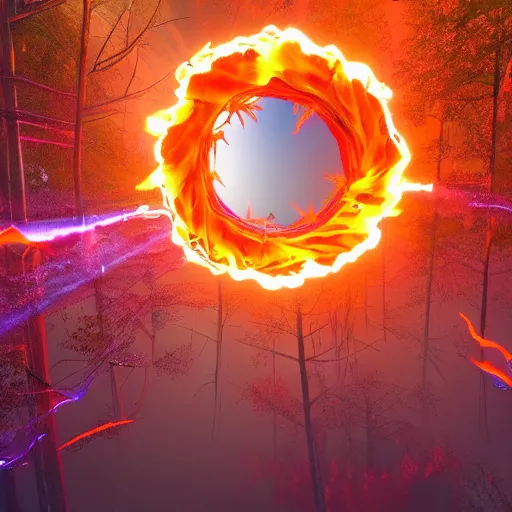 Image similar to a beautiful firey portal to another dimension, floating in the air, in a forest clearing, hyper detailed, 8 k