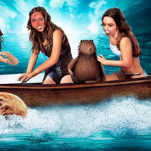 Image similar to three young women having fun on a boat, while a zombie beaver with glowing eyes is swimming beneath them. movie poster. photo. very detailed.