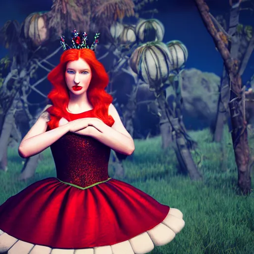 Image similar to red head queen, alice in wonderland theme, disney photo realistic, octane render, 8 k, unreal engine, hd, cinematic lighting