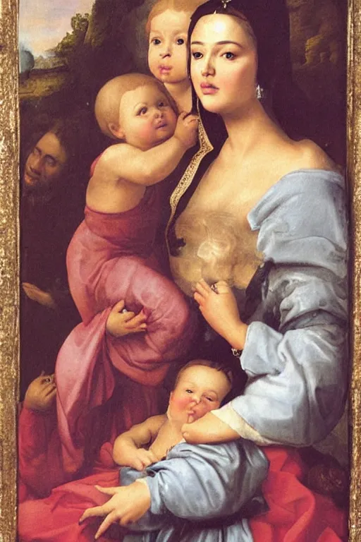 Image similar to kim kardashian as the madonna with child, painting by old dutch masters