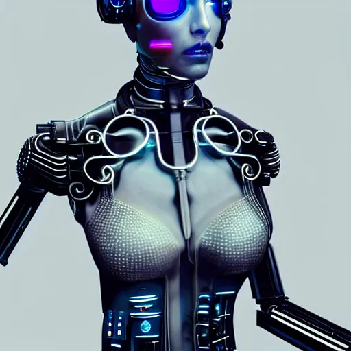 Image similar to Perfectly-Centered Portrait-Photograph of Mechanical Cyberpunk Female Android with Torso made out of wires, upper torso, upper body, intricate, elegant, super highly detailed, professional digital painting, artstation, concept art, smooth, sharp focus, no blur, no dof, extreme illustration, Unreal Engine 5, Photorealism, HD quality, 8k resolution, cinema 4d, 3D, beautiful, cinematic, art by artgerm and greg rutkowski and alphonse mucha and loish and WLOP