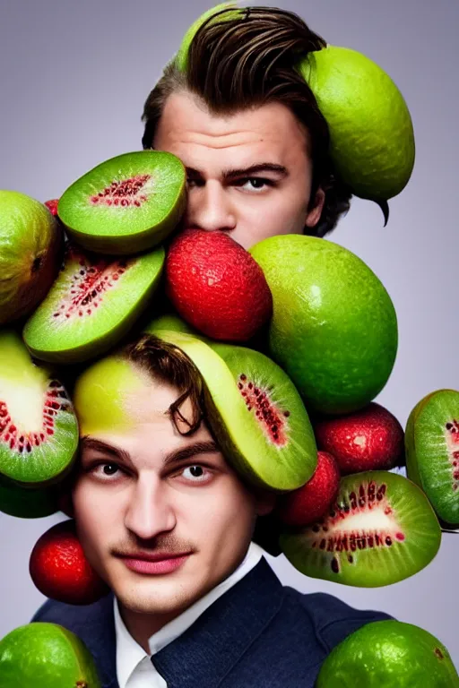 Image similar to 📷 joe keery the kiwi fruit 🥝, made of food, head portrait, dynamic lighting, 4 k