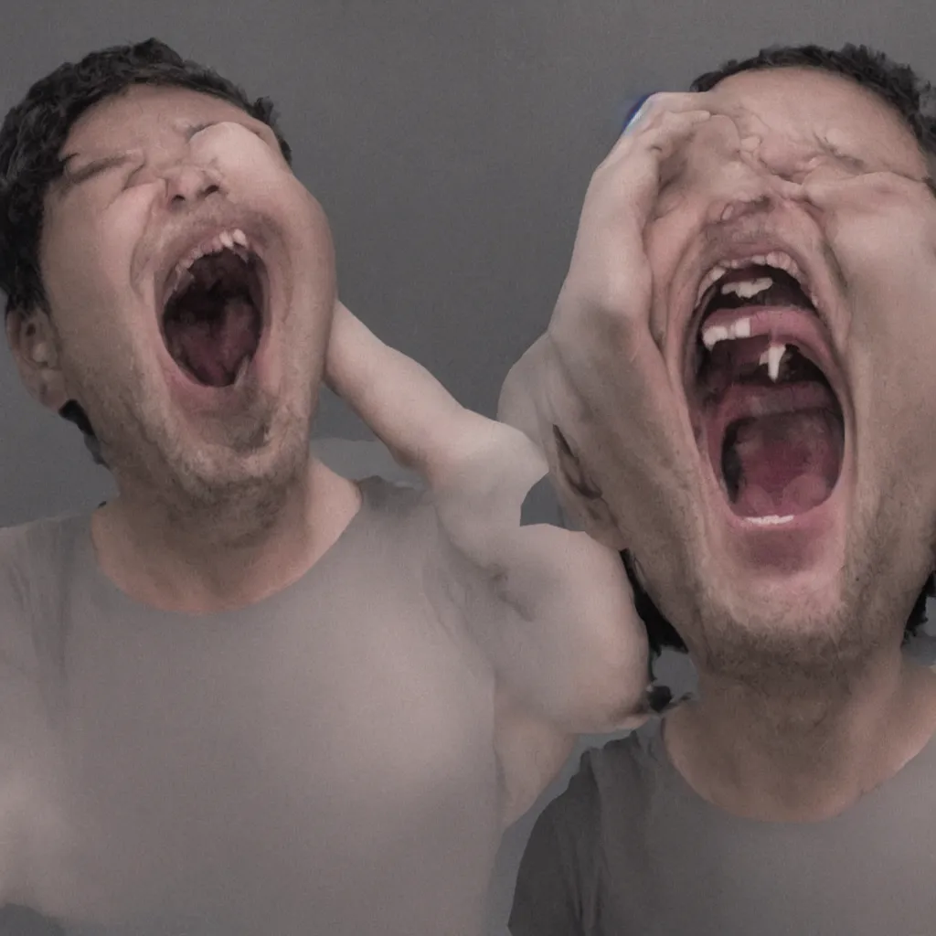 Prompt: Portrait of a non-existent person screaming to be let out of virtual reality, generated by an AI trained only on portrait images created by other AI systems,