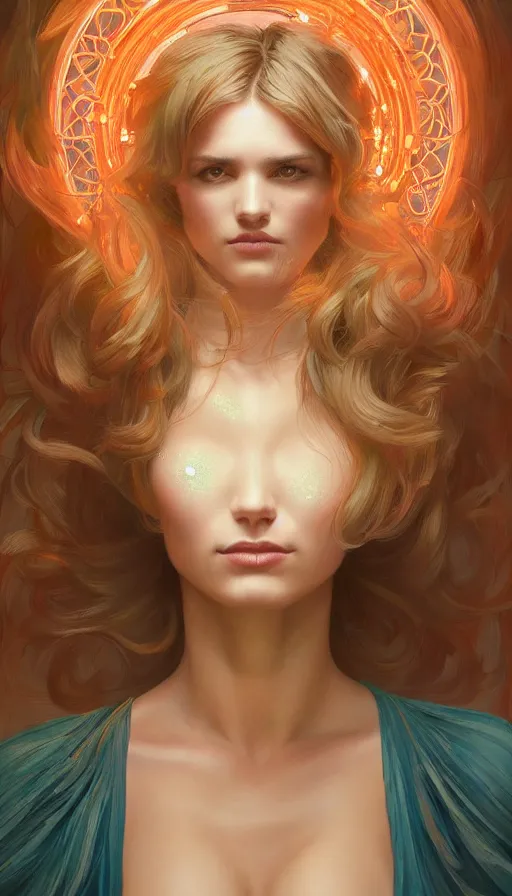 Image similar to perfect portrait of the most beautiful woman ever lived, neon, fibonacci, sweat drops, insane, pinup, intricate, highly detailed, digital painting, artstation, concept art, smooth, sharp focus, illustration, Unreal Engine 5, 8K, art by artgerm and greg rutkowski and alphonse mucha