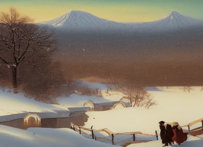 Image similar to hokkaido in winter, japan in the style of hudson river school of art, oil on canvas