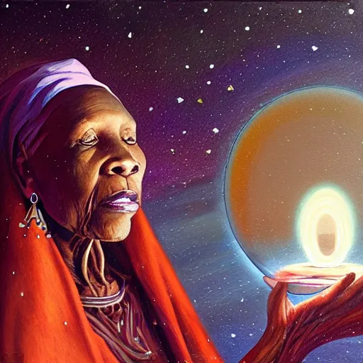 Image similar to an elder african psychic woman reading her crystal ball under a meteor shower, greg rutkowski and android jones and amanda sage, oil on canvas, 8k