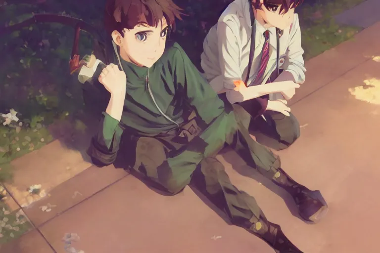 Image similar to boy's love anime high school scene spring setting, high detail concept art, perfect proportions fine face, realistic shaded lighting poster ilya kuvshinov, katsuhiro, jeremy lipkin and michael germash, makoto shinkai, loish and clamp style, trending on art station, best selling artist