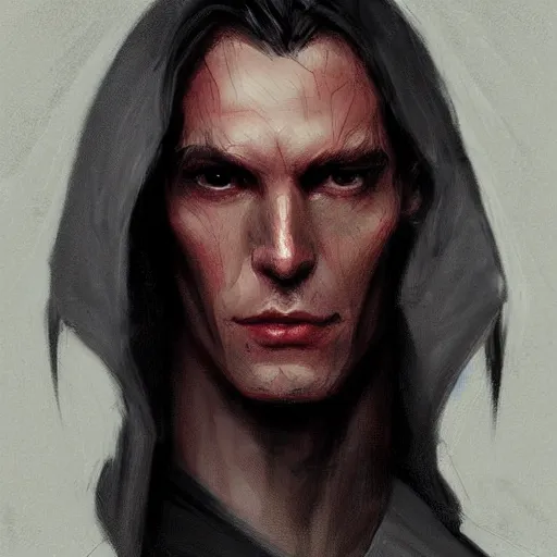 Image similar to portrait of a man by greg rutkowski, sith kinght, he looks like a vampire, long black messy hair, very tall and slender, star wars expanded universe, wearing black robes, he is about 3 0 years old, highly detailed portrait, digital painting, artstation, concept art, smooth, sharp foccus ilustration, artstation hq