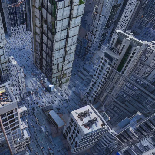 Prompt: one million 3d avatars standing on the same city street and flying through the air and climbing on the buildings octane render