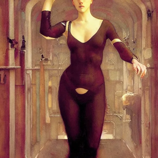 Image similar to masterpiece full body portrait of a beautiful woman with a perfect body wearing silk slip in a dungeon setting, by Edgar Maxence and Ross Tran and Michael Whelan and Gustav Klimpt