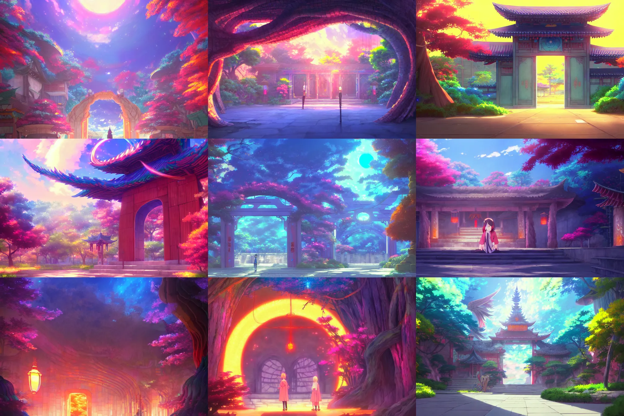 Prompt: an interdimensional gate in the courtyard of a colorful kitsune wizard college, anime movie background, key visual, bamboo, a fantasy digital painting by makoto shinkai and james gurney, trending on artstation, highly detailed