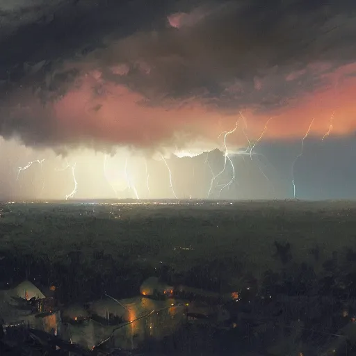 Image similar to a beautiful thunderstorm rolling over a small town, with the clouds illuminated slightly red, ominous, eerie, wayne barlow, craig mullins