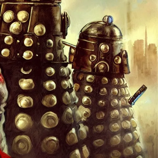 Prompt: close up of doctor who and the daleks in full leather armor, cinematographic shot, by daniel f. gerhartz