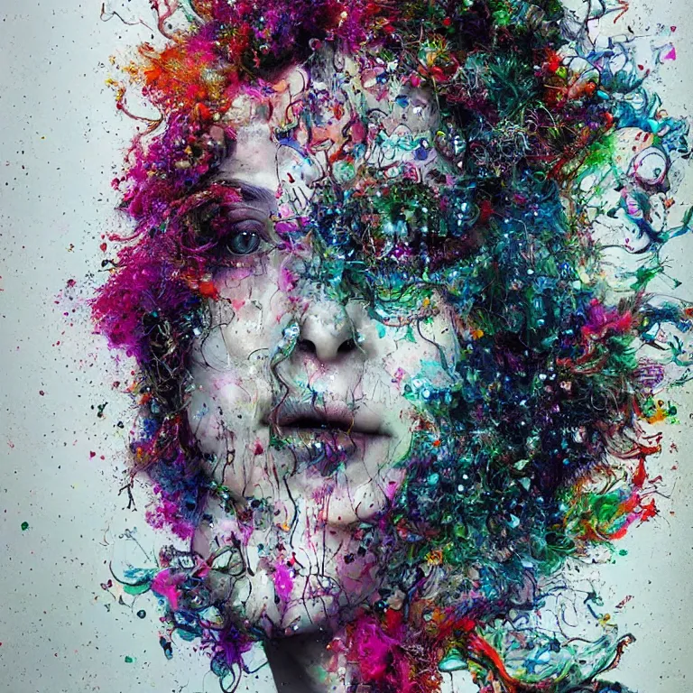 Prompt: portrait of a woman with swirling crystal hair and fractal skin, illustration by artur bordalo, retrofuturism, psychedelic art reimagined by industrial light and magic