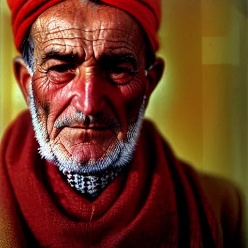 Image similar to portrait of president lyndon b johnson as afghan man, green eyes and red scarf looking intently, photograph by steve mccurry