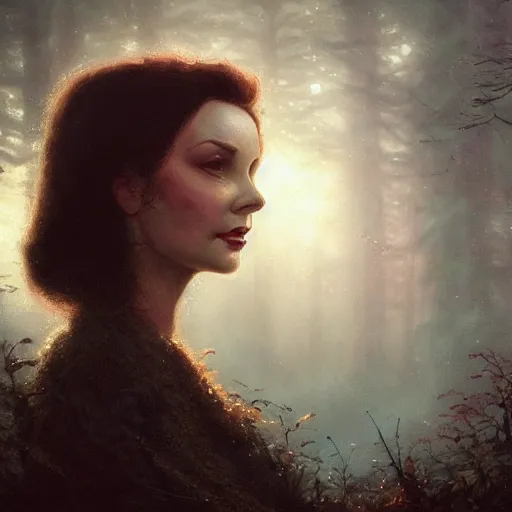 Prompt: a closeup portrait of vivian leigh, magical forest background, gorgeous view, sunset, film noir, depth, by seb mckinnon, by greg rutkowski, by igor kieryluk, digital art, trending on artstation